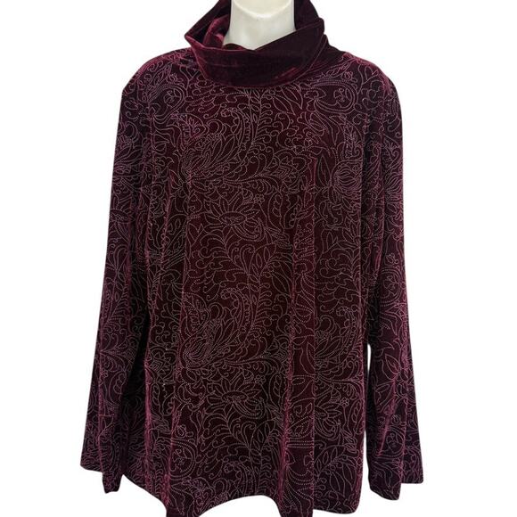 Coldwater Creek Cowl Neck Burgundy Velvet Long Sleeve Top Stretch NWT sz XL - Picture 1 of 16